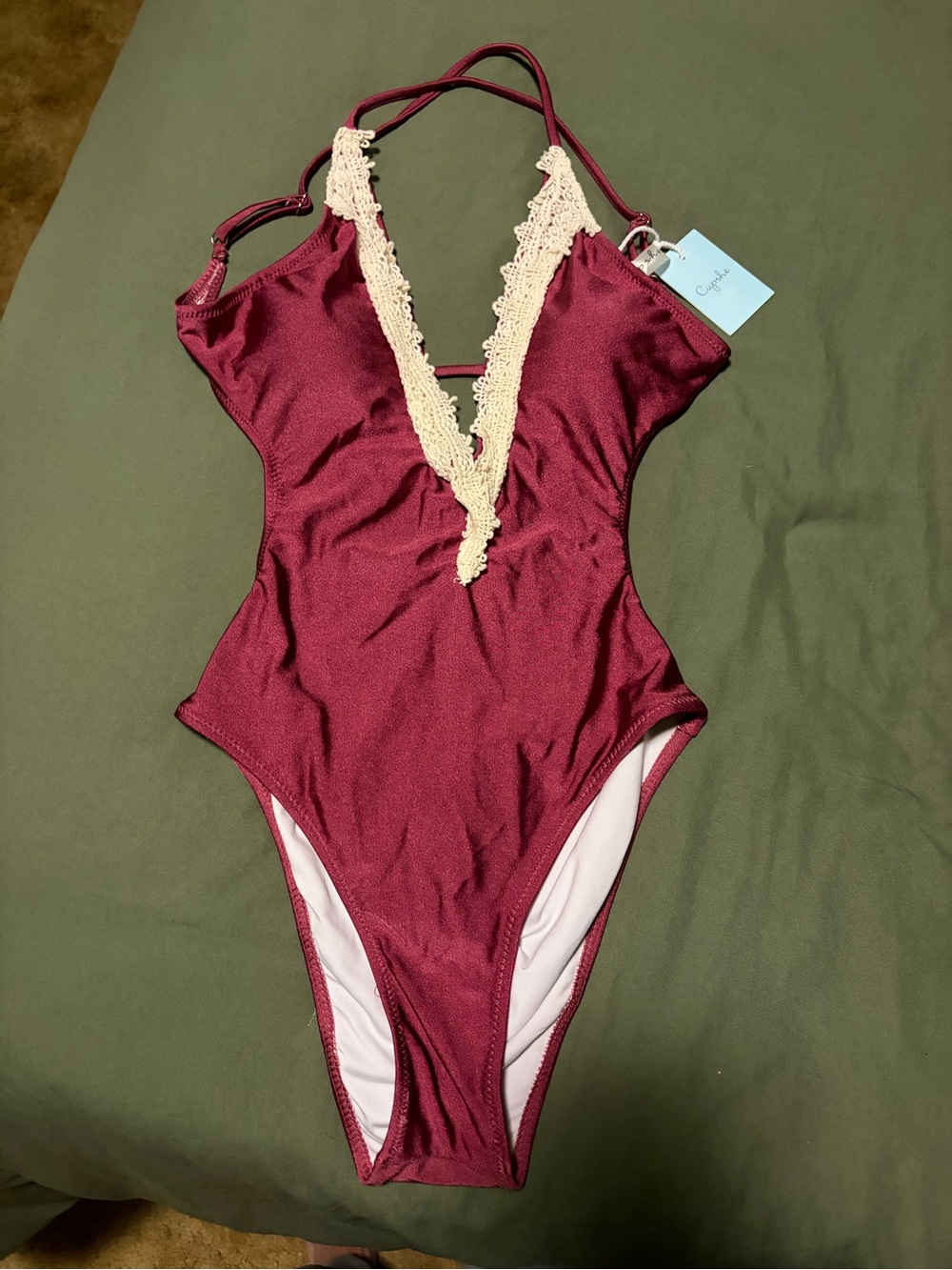 Cupshe Wine Red One-Piece Swimsuit with Cream Lace Trim